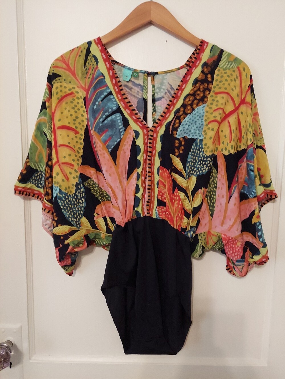 Farm Rio Bodysuit Womens Small 4/6 Tropical Leaf Print Bell Sleeve Resort